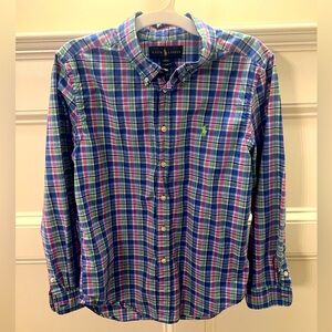 Boy's Ralph Lauren Polo Button Down Plaid Shirt Spring Blue Pink Size L 14-16